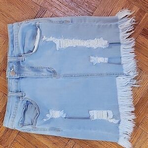 Denim Blvd Distressed Denim Skirt with Fringe Hem Size Small